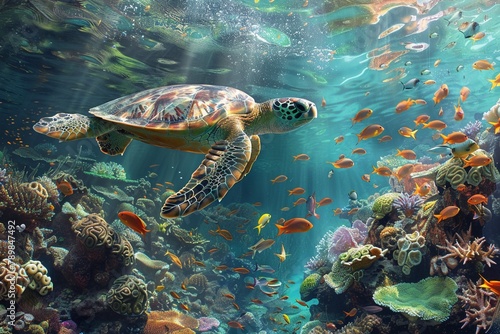 Underwater shot of a coral reef bustling with marine life, including schools of fish and a gracefully swimming sea turtle, showcasing biodiversity