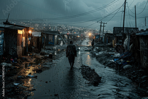 A solitary figure walks down a muddy, rain-soaked street in a shantytown, with evening lights glimmering in the distance.