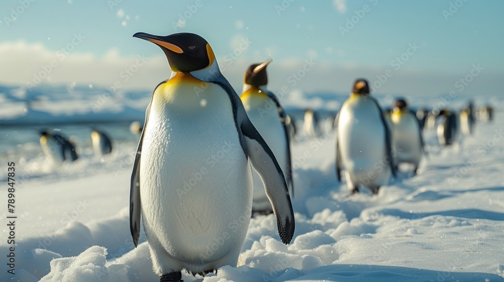 Fototapeta premium A group of penguins on a snowy Antarctic shore, with a crisp, clear sky in the background, capturing the essence of arctic wildlife