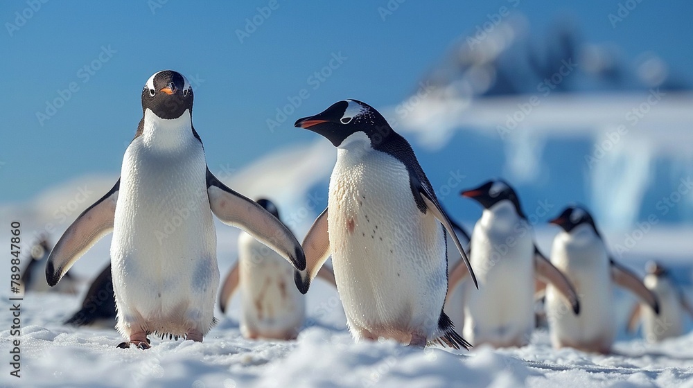 Obraz premium A group of penguins on a snowy Antarctic shore, with a crisp, clear sky in the background, capturing the essence of arctic wildlife