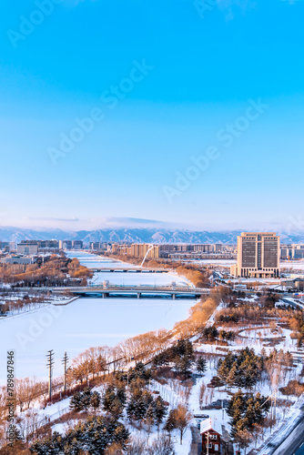 Winter Skyline of Matouqin Bridge City in Hohhot, Inner Mongolia, China photo