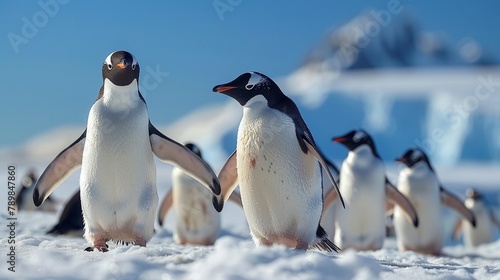 A group of penguins on a snowy Antarctic shore, with a crisp, clear sky in the background, capturing the essence of arctic wildlife © NatthyDesign