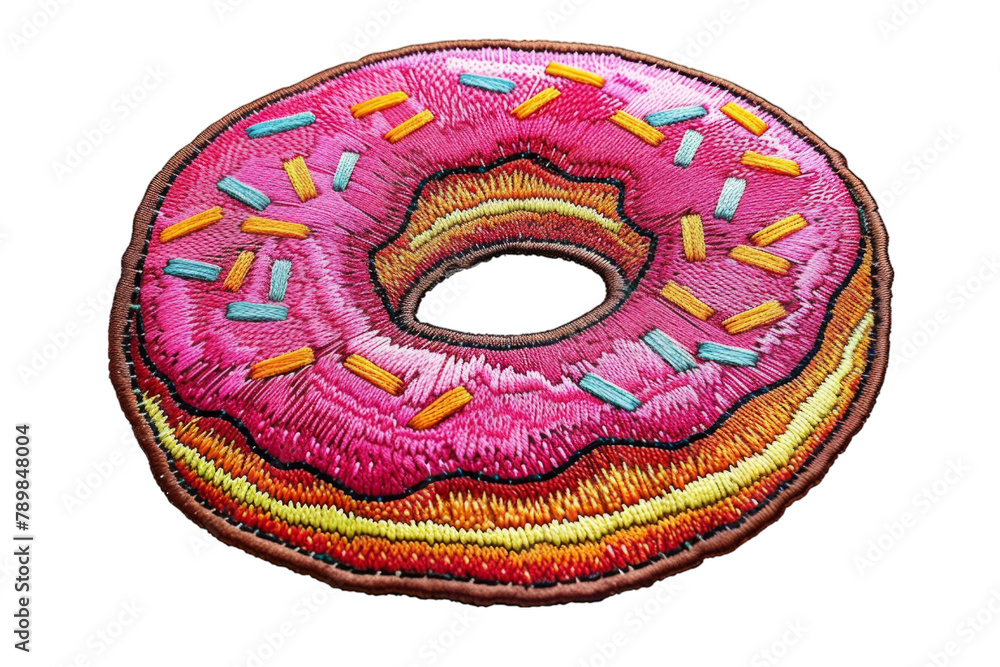 Pink glazed donut with multicolor sprinkles embroidery. Embroidered patch badge of a classic ring doughnut with sugar icing and decorative sprinkles isolated on transparent background. Sweet treat and