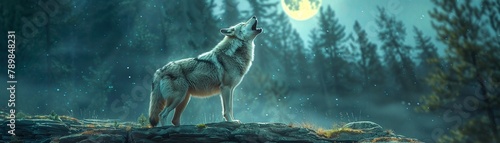 A lone wolf howling on a rocky cliff under the full moon  night sky backdrop  highlighting the wild spirit of the forest