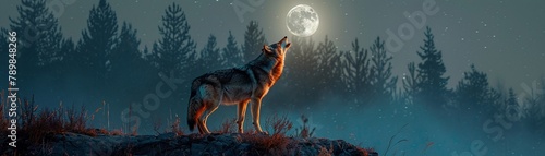 A lone wolf howling on a rocky cliff under the full moon, night sky backdrop, highlighting the wild spirit of the forest