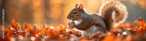 A squirrel nibbling on a nut amidst a carpet of autumn leaves, with soft sunlight highlighting its fur, capturing a moment of simplicity and survival