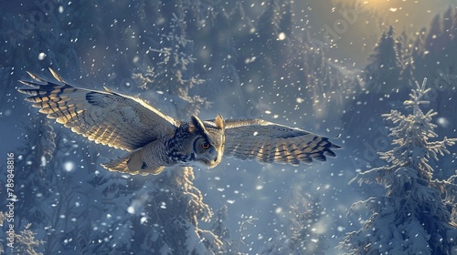 A silent owl flight over a snowcovered forest under the moonlight, epitomizing silent grace