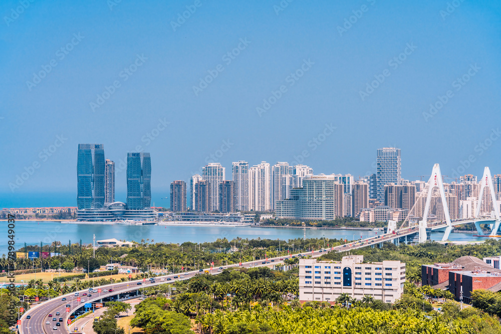 Naklejka premium High View Scenery of Haikou Shiji Bridge in Hainan, China
