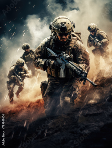 Soldiers in action in a combat zone - Intense scene showing a squad of soldiers in combat gear advancing through a smokey battlefield photo