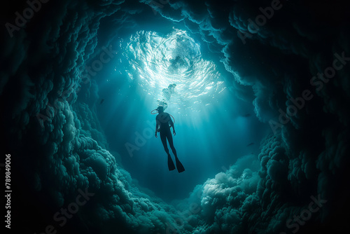 Scuba Diver Exploring Underwater Sunbeams © bajita111122
