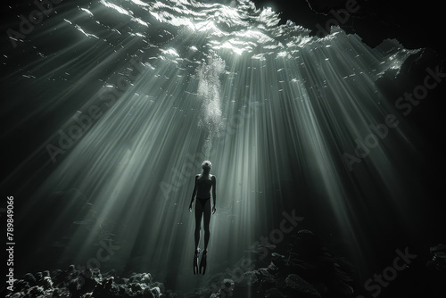Scuba Diver Exploring Underwater Sunbeams © bajita111122
