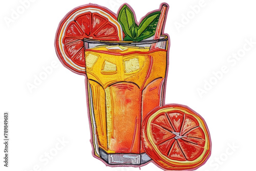 Iced tea with lemon embroidery. Embroidered patch badge of a cold drink in a glass with lemon slice and mint leaf isolated on transparent background. Refreshment and summer beverage concept