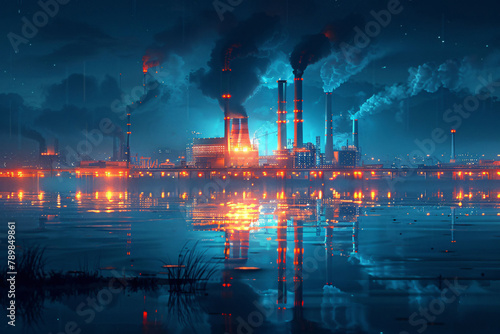 Oil and gas industrial area, factory chimney smoke environmental pollution concept background