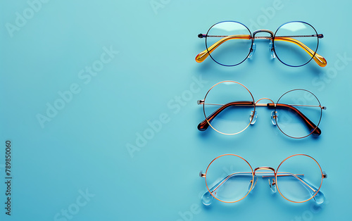 Simple glasses on an light blue background frame with space for text. Generative ai