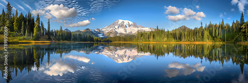 Mount Shuka with reflections in Picture lake in Mount Baker recreation area, Evergreen trees by the lake Washington Pacific Northwest.