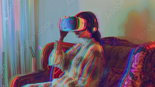 an asian woman sitting on midcentury sofa, vr headset on, psychedelic patterns/colors flowing from her head, muted vintage dark color palette