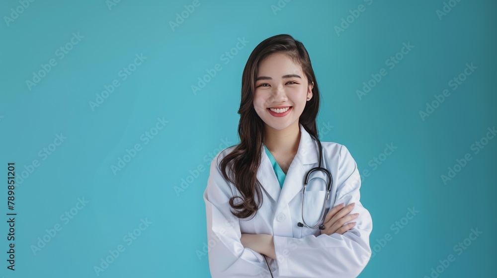 Smiling asian woman physician in a white coat over blue background Smiling asian woman physician in a white coat over blue background