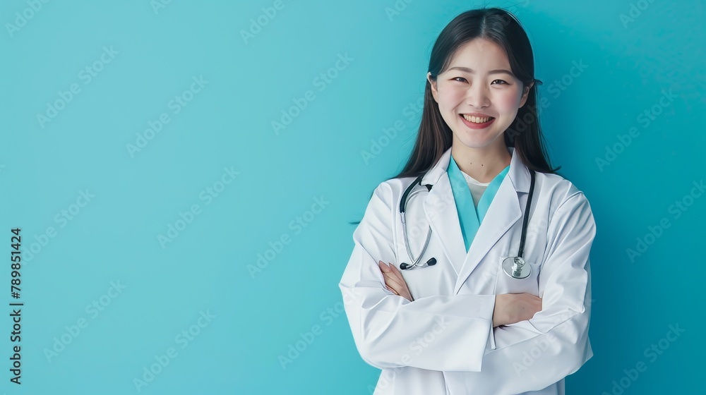 Smiling asian woman physician in a white coat over blue background Smiling asian woman physician in a white coat over blue background