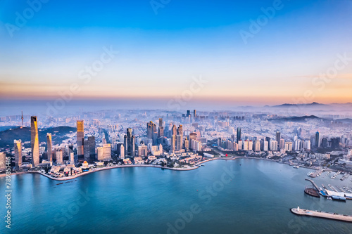 Aerial photography of the early morning scenery of the Fushan Bay Coastal Architecture Complex in Qingdao  Shandong  China
