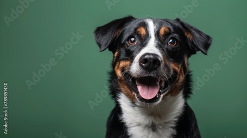 Studio headshot portrait of brown white and black medium mixed breed dog smiling against a green background © Elchin Abilov