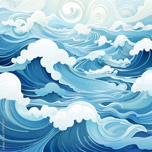 Ocean Scene Gentle ocean waves in blues, white paper , cute style