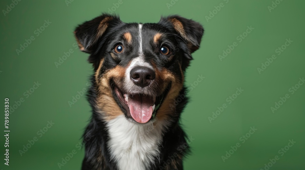 Studio headshot portrait of brown white and black medium mixed breed dog smiling against a green background