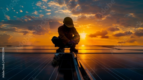 Technology solar cell, Engineer service check installation solar cell on the roof of factory on the morning. Silhouette technician inspection and repair solar cell on the roof of factory