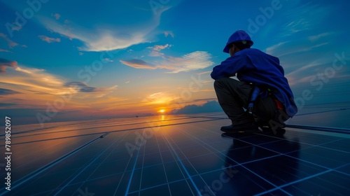 Technology solar cell, Engineer service check installation solar cell on the roof of factory on the morning. Silhouette technician inspection and repair solar cell on the roof of factory photo