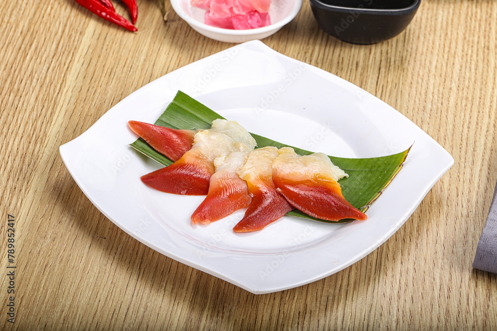 The stimpson surf clam or hokkigai sashimi