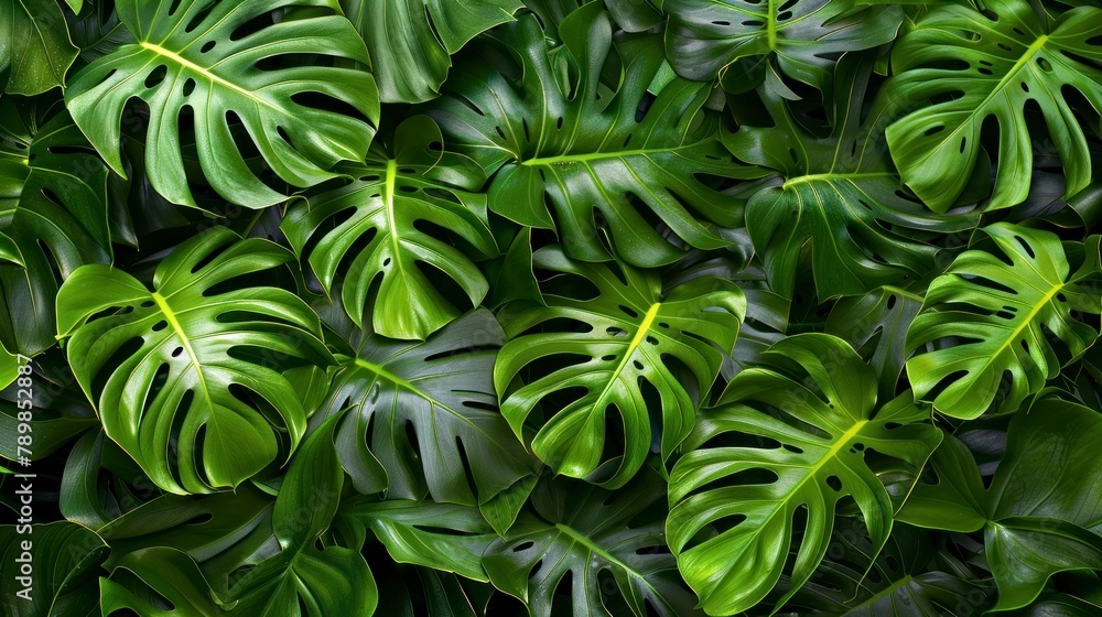 Vibrant green Monstera deliciosa leaves, also known as the Swiss Cheese Plant, with characteristic splits and holes, in a lush arrangement. Vibrant green Monstera deliciosa leaves, also known as the Swiss Cheese Plant, with characteristic splits and holes, in a lush arrangement.