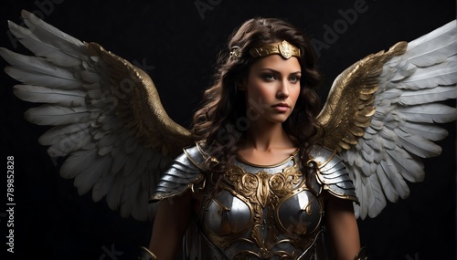 ancient female angel warrior portrait on plain black background from Generative AI