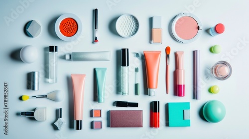 Flat lay of assorted cosmetics and beauty products, including brushes, lipsticks, creams, and palettes, neatly arranged on a white background.