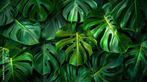 A dense cluster of vibrant green monstera leaves with intricate natural patterns, showcasing lush tropical foliage.