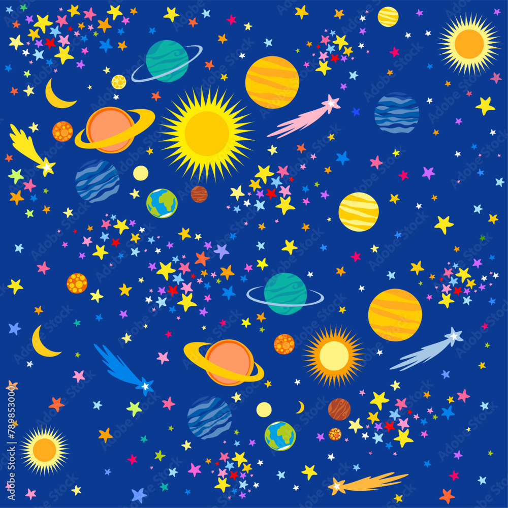 Starry space seamless pattern. Аstronomy science starlight background or night sky wallpaper vector pattern. Universe starry pattern with glowing stars and comets. Abstract vector background. Starry space seamless pattern. Аstronomy science starlight background or night sky wallpaper vector pattern. Universe starry pattern with glowing stars and comets. Abstract vector background.