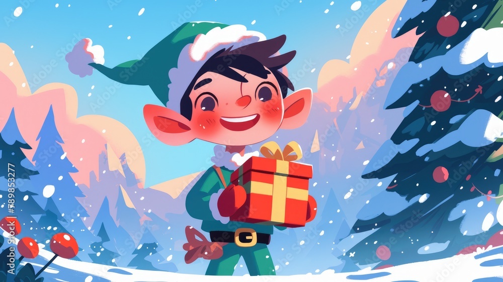 A festive Christmas greeting card featuring a dapper Santa s helper elf This jolly cartoon character joyfully presents a gift box against the backdrop of a snowy winter forest in a charming A festive Christmas greeting card featuring a dapper Santa s helper elf This jolly cartoon character joyfully presents a gift box against the backdrop of a snowy winter forest in a charming