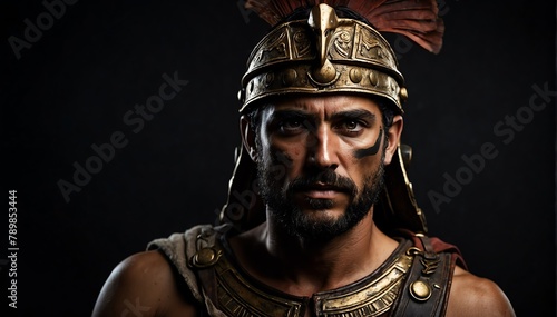 ancient greek warrior portrait on plain black background from Generative AI