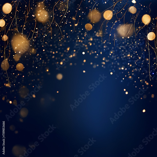 Festive ambiance adorned with glistening golden particles, twinkling lights, and a mesmerizing bokeh effect against a rich navy blue backdrop. The golden foil exudes a luxurious, sleek sheen