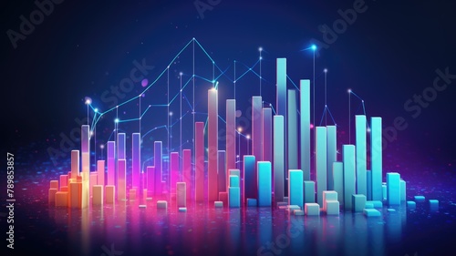 A 3D illustration of a bar graph with a glowing blue background. The bars are arranged in a staggered pattern and are lit from below by a bright light, creating a sense of depth and dimension. © Mickey