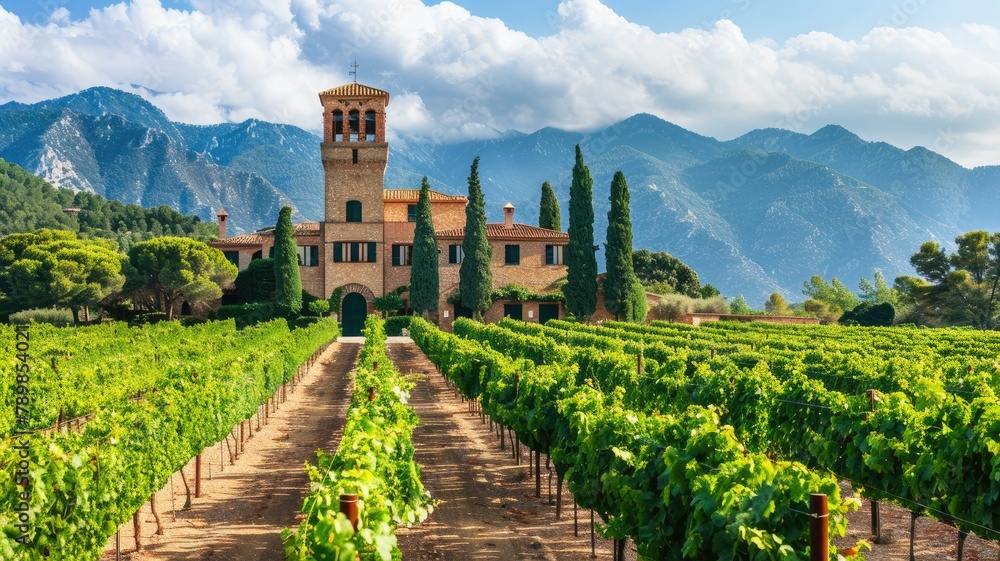 A beautiful landscape of a vineyard with a large villa in the background