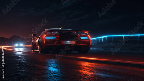 Speeding race car and light trails  night and dark road background with glowing lights.