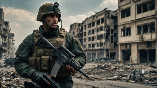 Portrait of a soldier or Army Man in a war zone. Broken buildings blur view in the background.