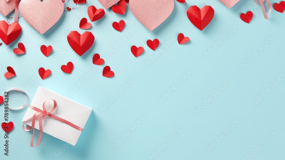 A blue background with a white present in the bottom left corner and red and pink paper hearts scattered around.