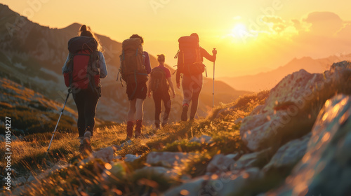 Group of hikers walking in mountains, sporty people walks in mountains at sunset. photo
