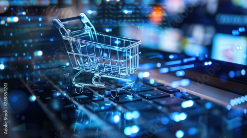 A blue and black image of a shopping cart on a laptop keyboard with a blue background.