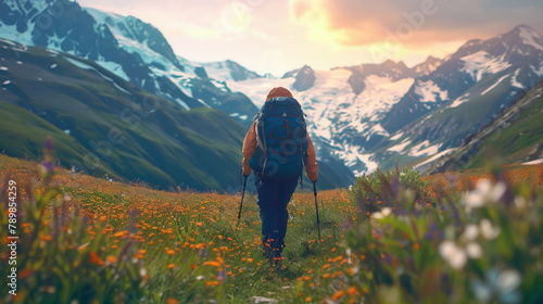 Hiker walking in mountains, sporty people walking in mountains at sunset.