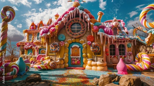 A candy house in the middle of a forest made of candy photo
