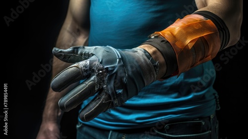 A close up of a person wearing a futuristic glove.