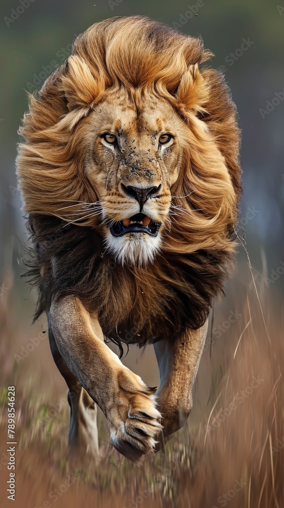Charging Male Lion in Grassland

