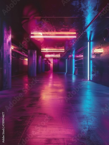 A dark and empty corridor with neon lights on the walls and floor.