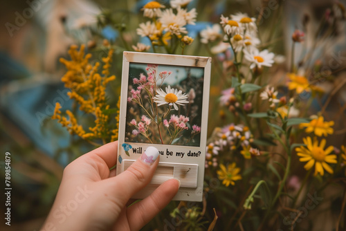 Polaroid pic   wildflowers personalize prom invite.  Promposal with a throwback. will you be my date . copy space. 